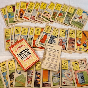 Tarjetas de adivinación de Halloween vintage de 1940, antiguas tarjetas gitanas negras y naranjas, Whitman originales, no recuperadas
