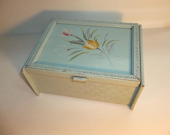 Vintage wood hand painted jewelry box with mirror flowers cottage granny