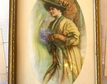 Victorian framed fashion lady Baroque art Renaissance signed print