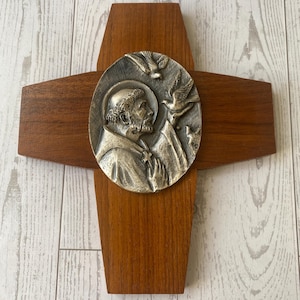 Wood cross with metal Saint Francis pewter? wall hanging