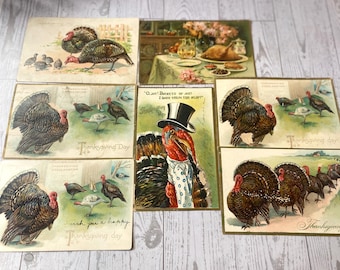 Postales antiguas de Tuck, juego de 7, pavos del Día de Acción de Gracias de 1908 a 1909, otoño