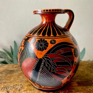 Vintage Greek Rodos hand painted pottery jug orange red black 1983 signed