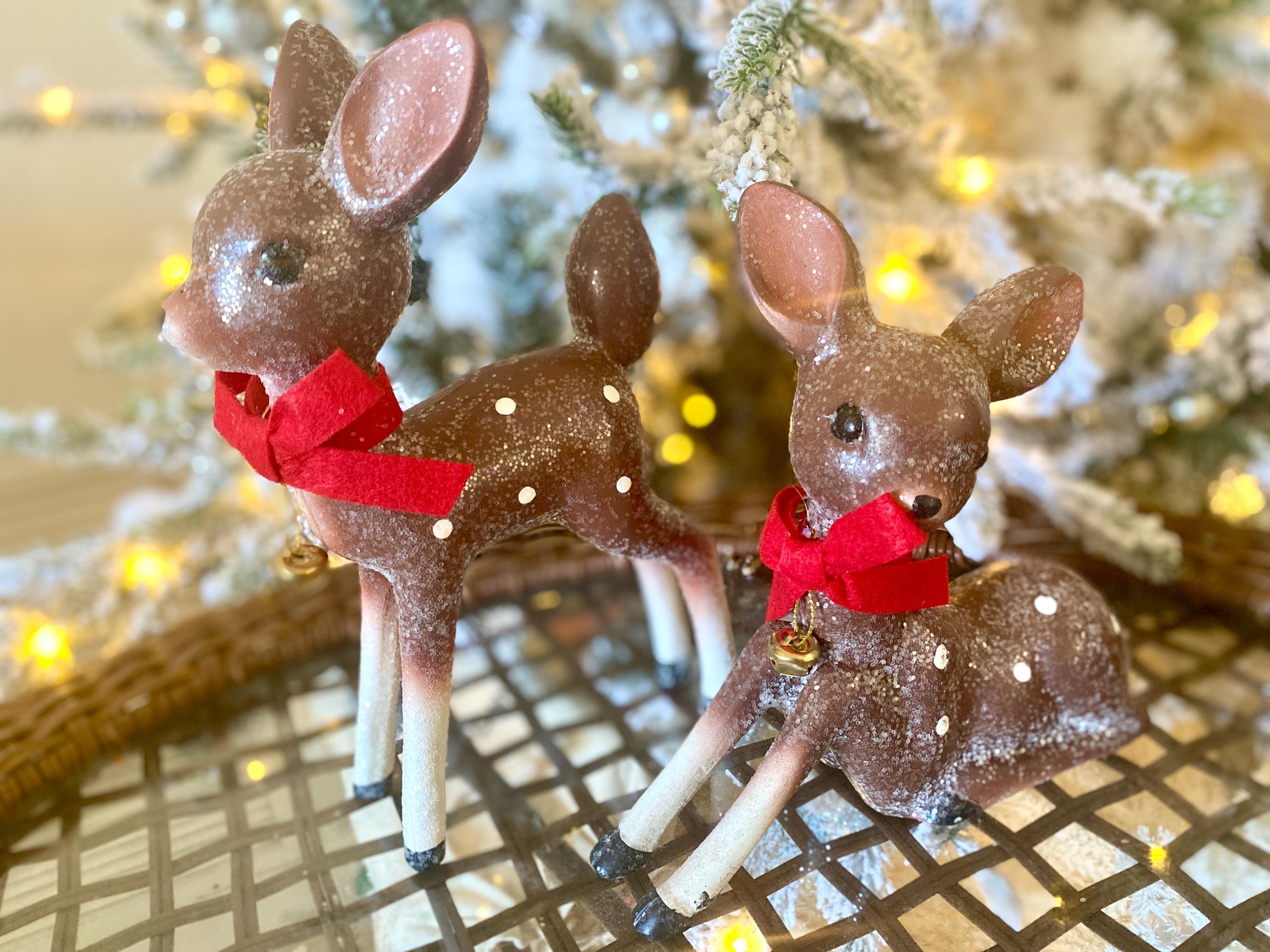 Vintage Christmas Reindeer Set of 2 Polkadots Sparkle With Bells