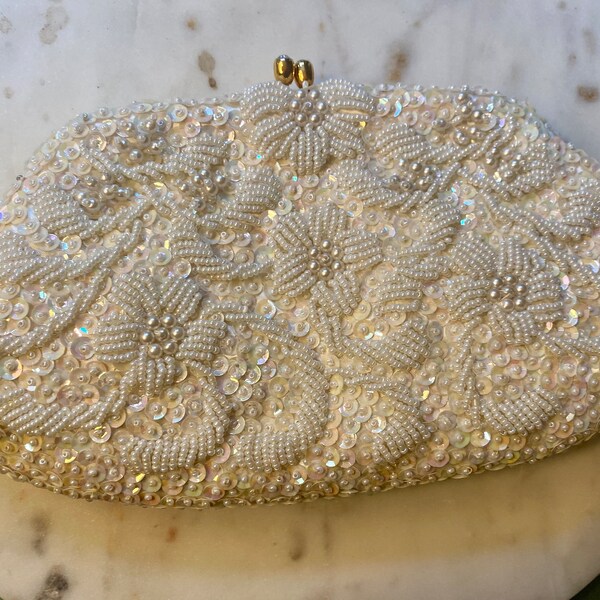 Vintage off white sequin beaded rhinestone clutch made in Hong Kong wedding clutch