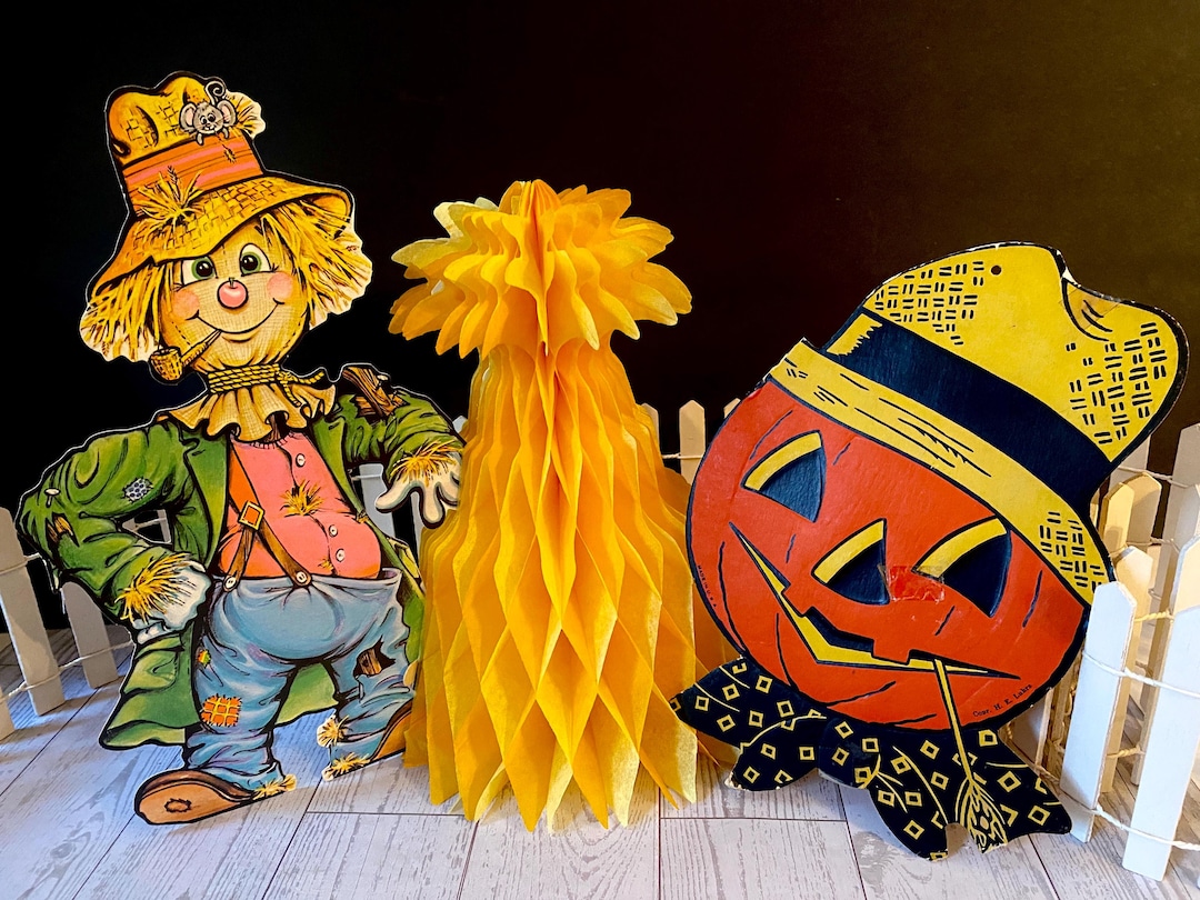 Vintage Halloween Die Cut Honeycomb Scarecrows Luhrs Jack O Lantern Set ...