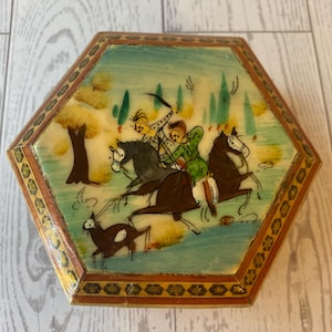 Vintage Parisian inlaid mosaic wood trinket box Khatam hunting scene hexagon