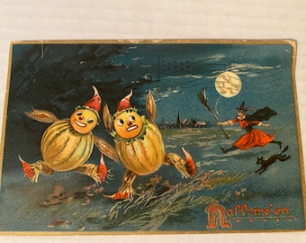 Antique Halloween postcard tucks 1911 anthropomorphic pumpkin chased wicked witch  black cat