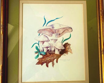 Mushroom framed print signed Michael Bullock 1979 triple matted goblin core 1970s decor