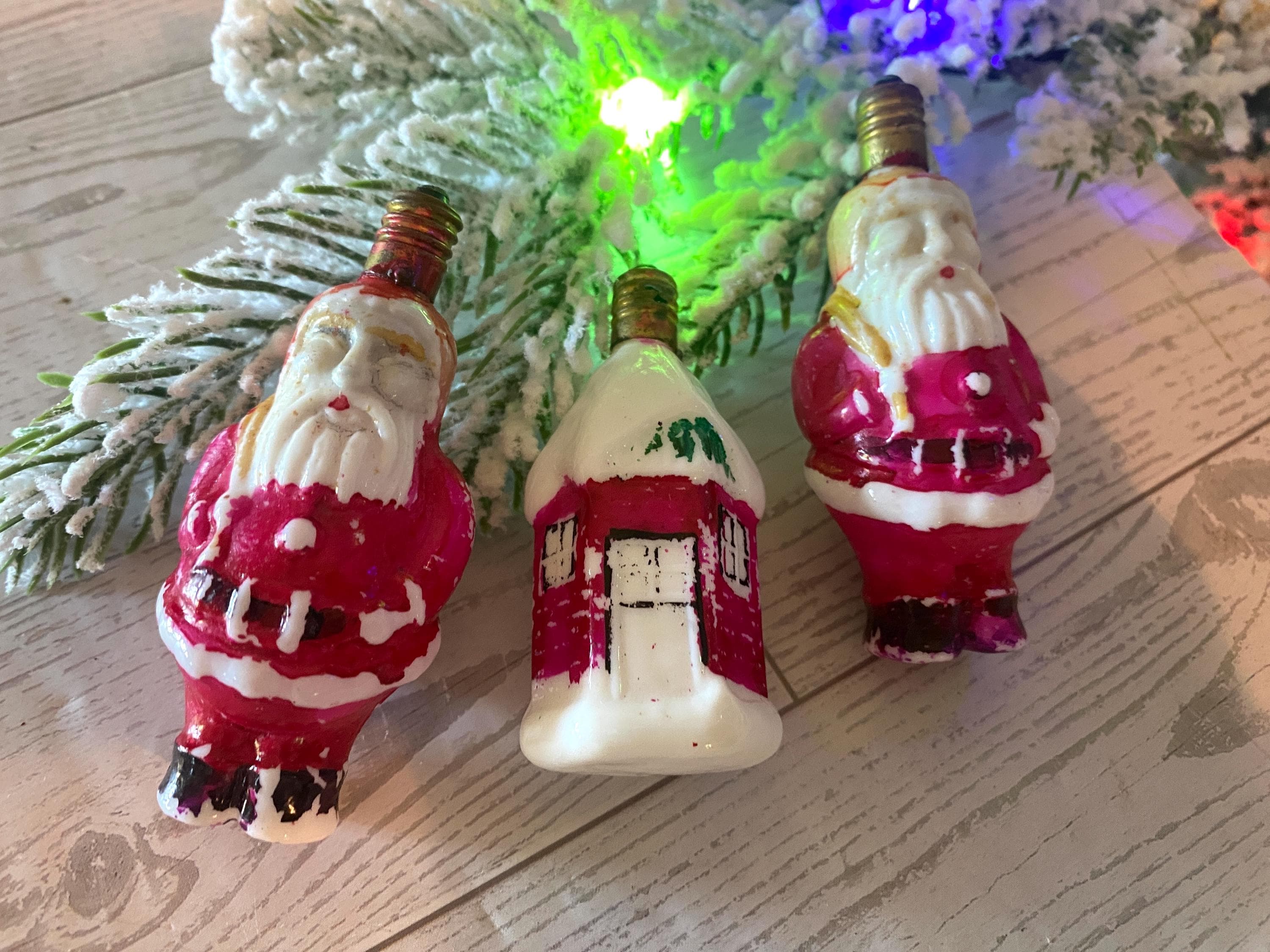 ヴィンテージクリスマスミルクガラス手描き電球2サンタと1コテージ