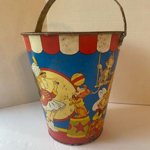 Vintage tin litho toy pail Ohio art 1940s majorette circus with handle READ