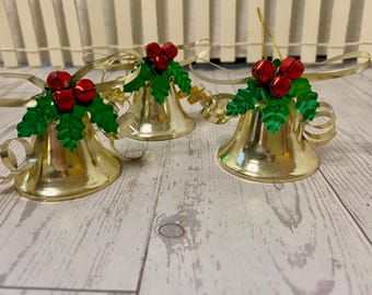 Christmas bell ornaments metal set of three with holly gold