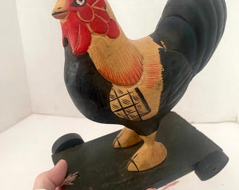 Wood rooster on wheels folk art handpainted country cottage cozy decor