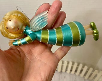 Hand blown glass Christmas ornament fairy with hair 6” blue green