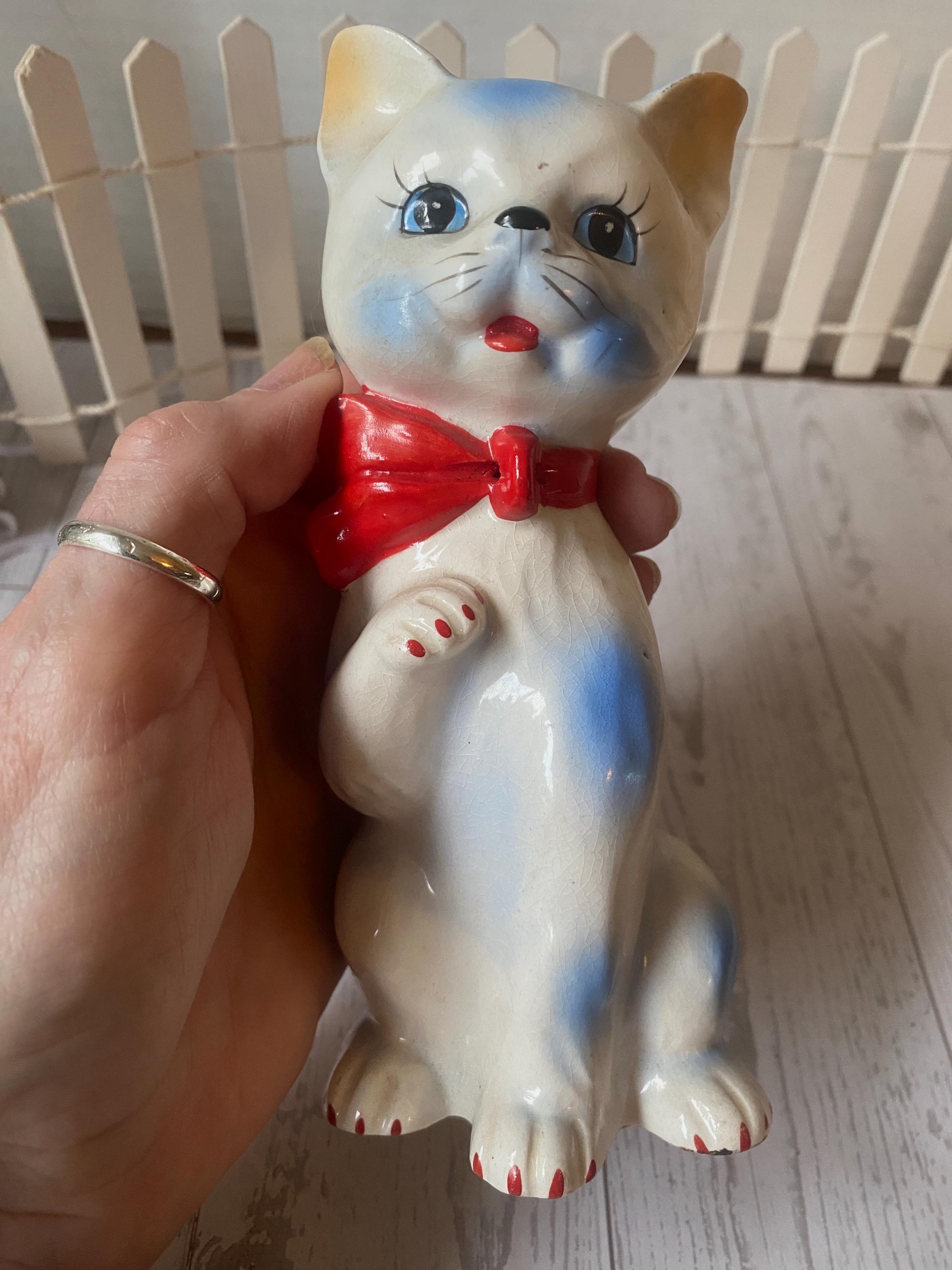 Napco Japan Cat Kitchy Pink Blue Ceramic Retro MCM Cottage Decor