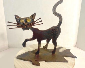 Black cat metal vintage folk art primitive brutalist welded cat on fish