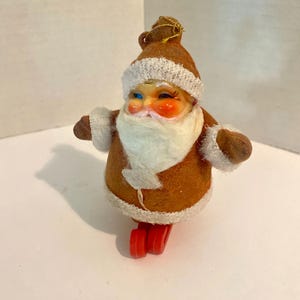 Santa vintage Christmas flocked Santa Claus on skis Hong Kong, vintage Christmas ornament