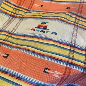 Vintage south western Mexican blanket tablecloth woven bright colors with fringe 50x68