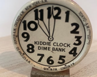 Tin Litho Kiddie Clock Candy Container Dime Bank Crosetti Co 1930s