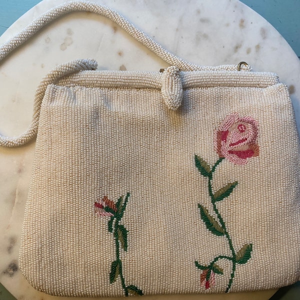 Beaded Vintage handbag rose beaded pattern evening bag seed beads