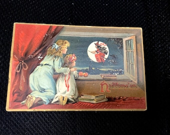 Antique Halloween tuck postcard 1910 little girls looking at witch by full moon
