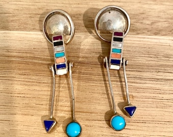 Sterling silver Zuni Navajo inlaid ear rings dangle turquoise coral onyx