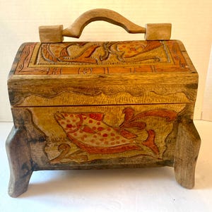 Vintage carved wood box hand painted large hinged  treasure chest jewelry box