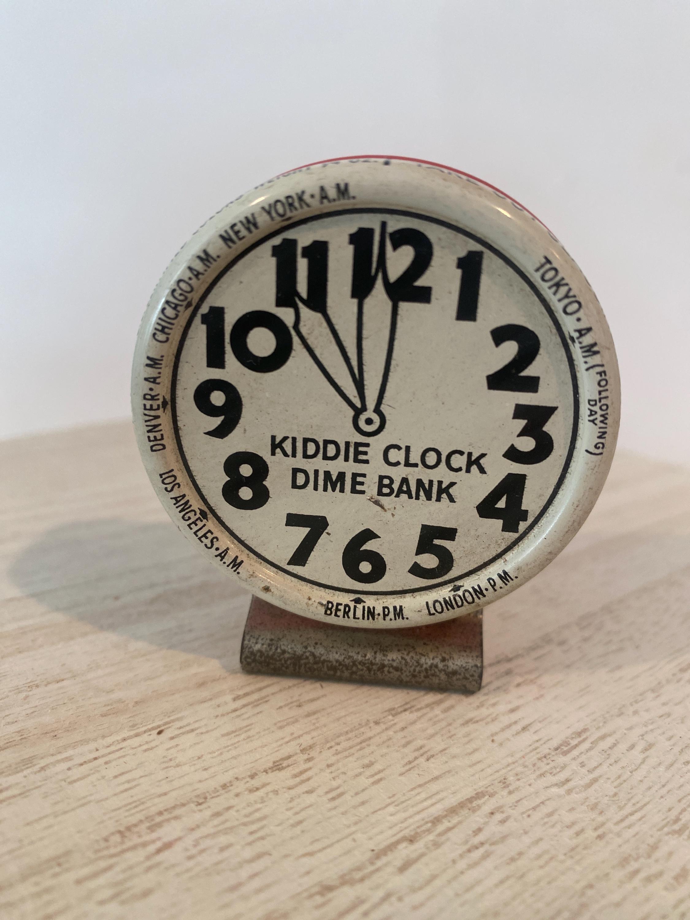 Tin Litho Kiddie Clock Candy Container Dime Bank Crosetti Co 1930s