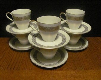 Mikasa "Silhouette" Gold Speckled Pattern Teacups Saucers