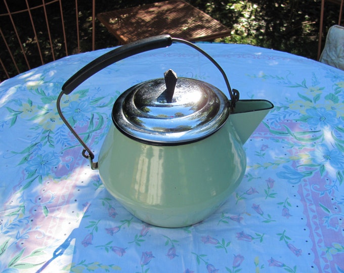 Art Deco Sage Green Enamelware Tea Kettle Bakelite Handle Etsy