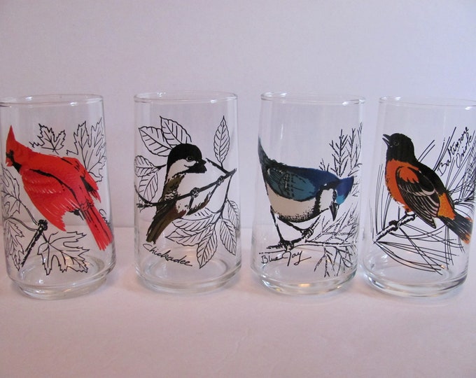 Set of 4 Bird Drinking Glasses, Cardinal, Blue Jay, Baltimore Oriole