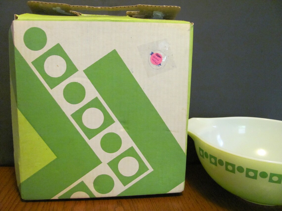 Pyrex Green Dot Squares Salad Bowl Serving Original Box Etsy