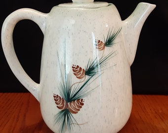 Mid Century Tall Teapot with Pinecones Aqua speckled Glaze