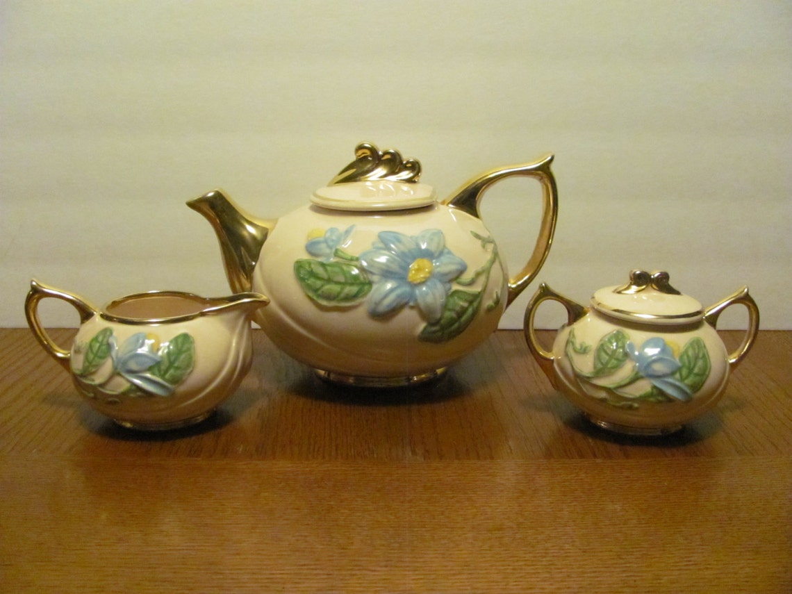 Hull Blue Magnolia Pink Teapot Tea Set Creamer Sugar Bowl Etsy