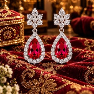 May include: A pair of drop earrings featuring a large pear-shaped red gemstone surrounded by a halo of small clear stones. Above the pear-shaped drop, a cluster of clear stones forms a leaf-like shape. The earrings are set in a metallic frame.