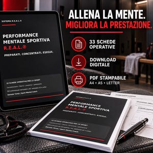 Può includere: Un tablet digitale e una pila di documenti stampati intitolati Performance Mentale Sportiva R.E.A.L. con 33 schede operative. Il set include un download digitale, PDF stampabile in A4, A5 e Letter, una penna nera e un cronometro digitale.