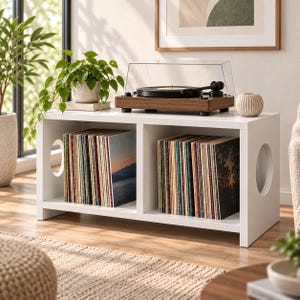 May include: A white rectangular storage unit with two open compartments filled with vinyl records. The unit features circular cutouts on the side panels. A wooden turntable with a clear dust cover sits on top, alongside a small potted plant.