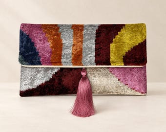 Multicolor Silk Velvet Ikat Clutch Bag, Handmade Evening Purse with Colorblock Stripe Pattern