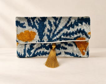 Silver Blue Silk Velvet Ikat Clutch Bag, Handmade Evening Purse with Floral Vine Pattern