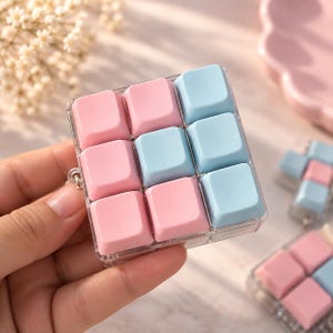 May include: A square-shaped fidget toy featuring a grid of nine mechanical keyboard keycaps arranged in a three-by-three pattern. The keycaps alternate between pastel pink and light blue colors, all encased within a clear plastic frame.