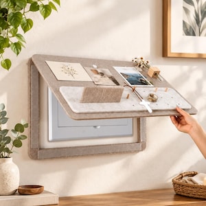 Op de afbeelding: Een beige vilten wandpaneel ontworpen om een wit toegangsluik te verbergen. Het paneel heeft een scharnierend bovendeel met een lichtgekleurd vilt-organizerbord, inclusief kleine houten pinnen, een gleuf voor foto's en een klein glazen flesje.