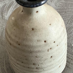 May include: A small ceramic bud vase with a rounded body and a narrow neck. The vase features a cream-coloured base with subtle horizontal ridges and scattered brown speckles. The rim is finished with a dark, mottled blue-black glaze.