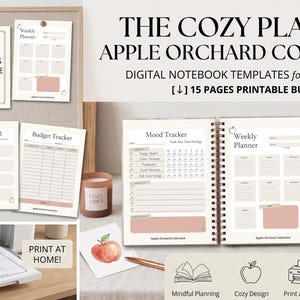 May include: The Cozy Planner: Apple Orchard Collection digital notebook templates featuring 15 printable pages. Includes daily reflection, weekly planner, goal setting, budget tracker, and mood tracker layouts with apple graphics and soft peach accents.