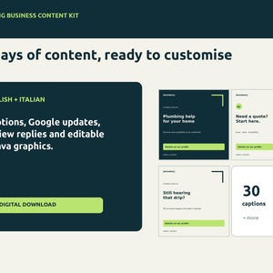 Peut inclure: Un kit de contenu numérique pour entreprise de plomberie avec 30 jours de contenu personnalisable, incluant des légendes en anglais et italien, des mises à jour Google, des réponses aux avis et des graphiques Canva avec le texte Plumbing help.