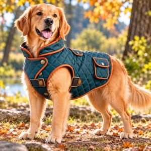 May include: A golden retriever wearing a teal quilted dog coat with orange trim, brass-colored snap buttons, a side pocket with a flap, and adjustable buckled straps. The coat features a high collar and a diamond-stitched pattern throughout.