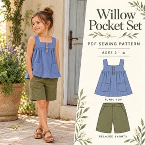 May include: A Willow Pocket Set PDF sewing pattern for ages 2-16, featuring a blue sleeveless tunic top with three front buttons and two pockets, paired with olive green shorts. The graphic includes technical illustrations of the top and shorts.