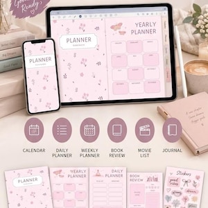 Digital Planner 2026 2027 Undated, Floral Aesthetic iPad Planner Bundle GoodNotes, Pink Daily Weekly Monthly Planner Journal, Android Tablet