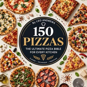 Op de afbeelding: Een kookboek getiteld 150 PIZZAS door Leo Andrews, The Ultimate Pizza Bible for Every Kitchen, omringd door diverse hele pizza's en punten, waaronder pepperoni, groente en aardbeien dessertpizza, met verspreide basilicum en kruiden.