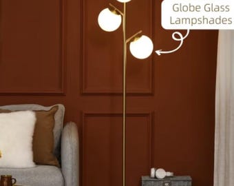 3-Light Modern Floor Lamps for Living Room, Tree Standing Lamp for Bedroom with Globe Lampshade, Steel Base, (Bulb not Included), Gold