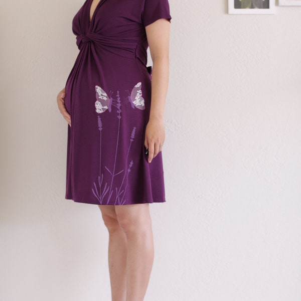 Purple Nursing Maternity Knee Length Stretchy Jersey V-neck Dress- Butterfly's office affair - size Medium