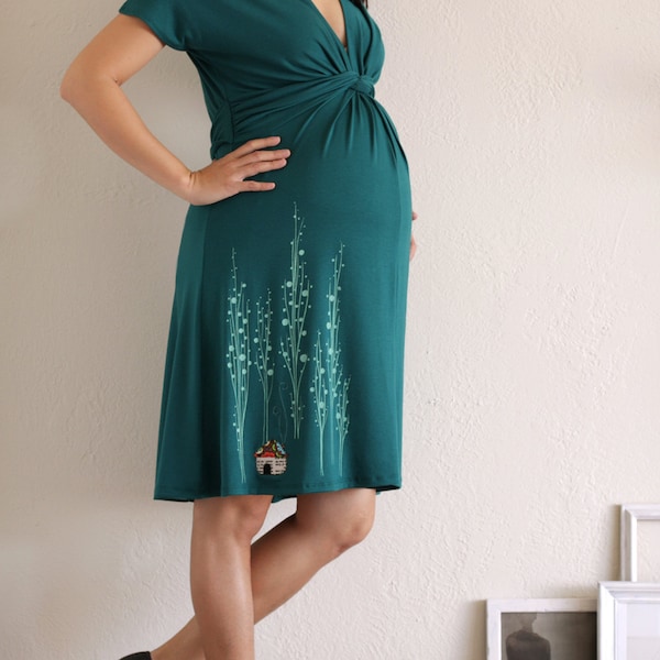 Maternity dress . Teal Green Nursing dress . Super Soft Jersey Knee Length dress - Surrounded by big trees - size Small